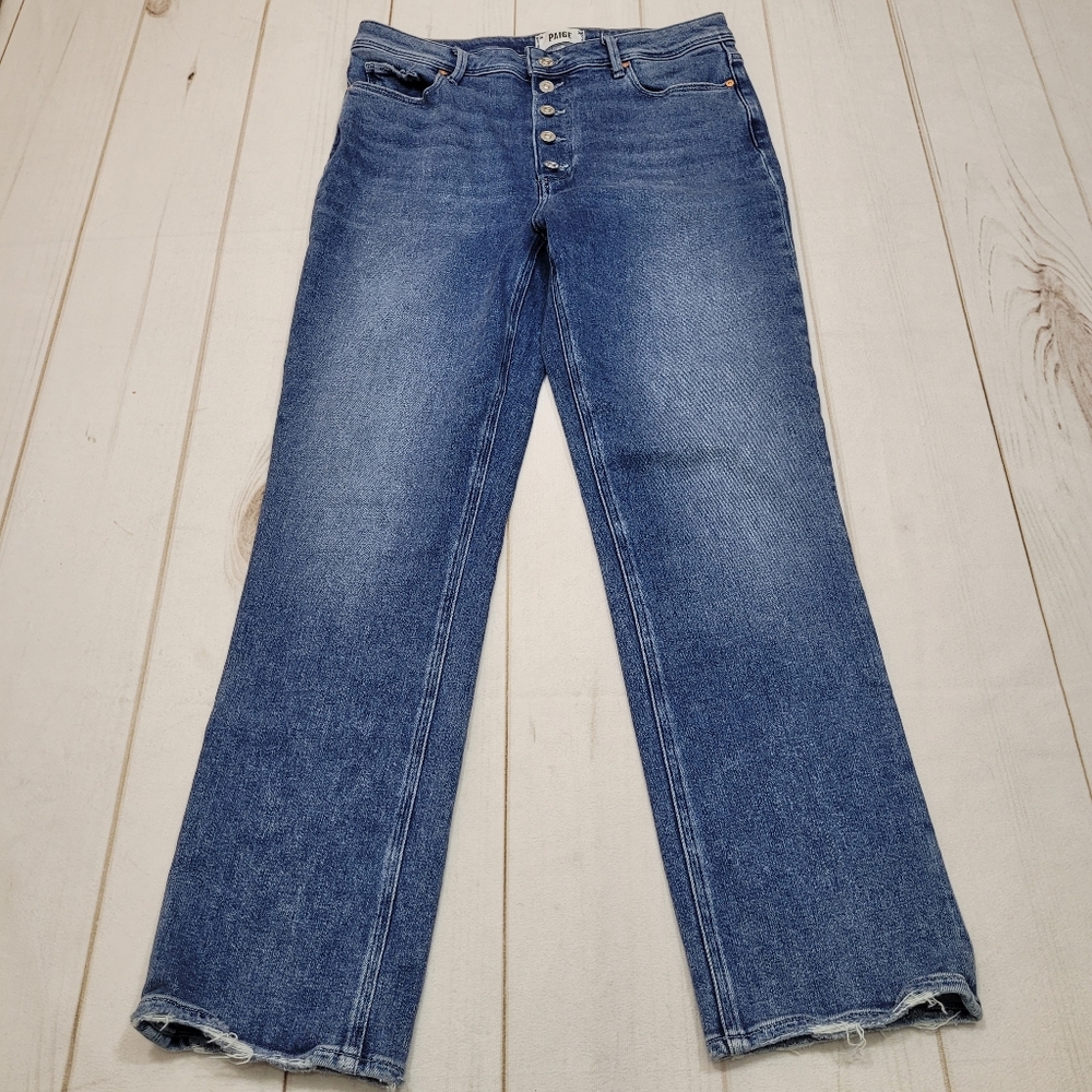 Paige Cindy vintage high rise straight leg jeans exposed button fly skysong
